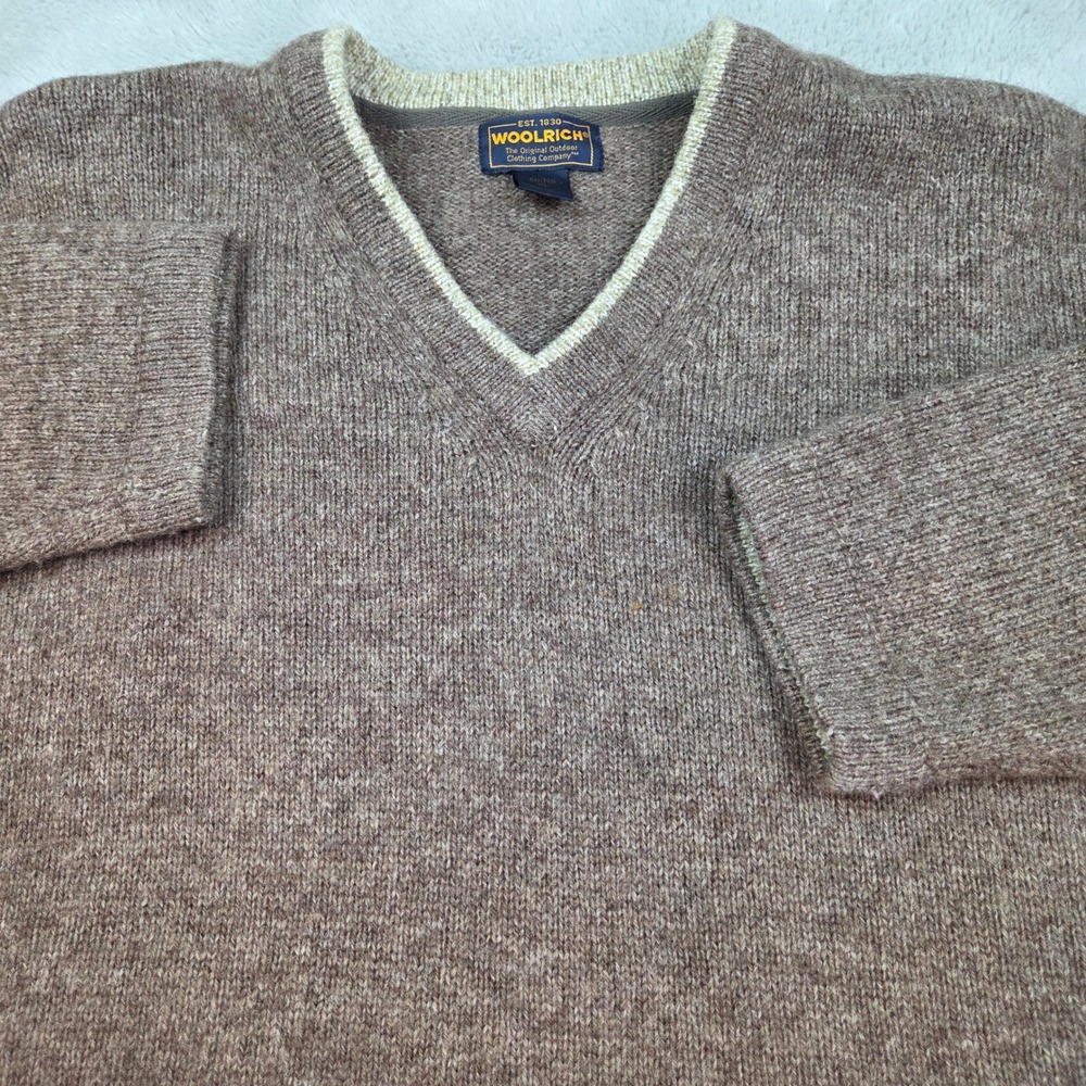 Woolrich Wool V-Neck Sweater Mens XL Bark Brown Outdoor Heritage Knit Pullover